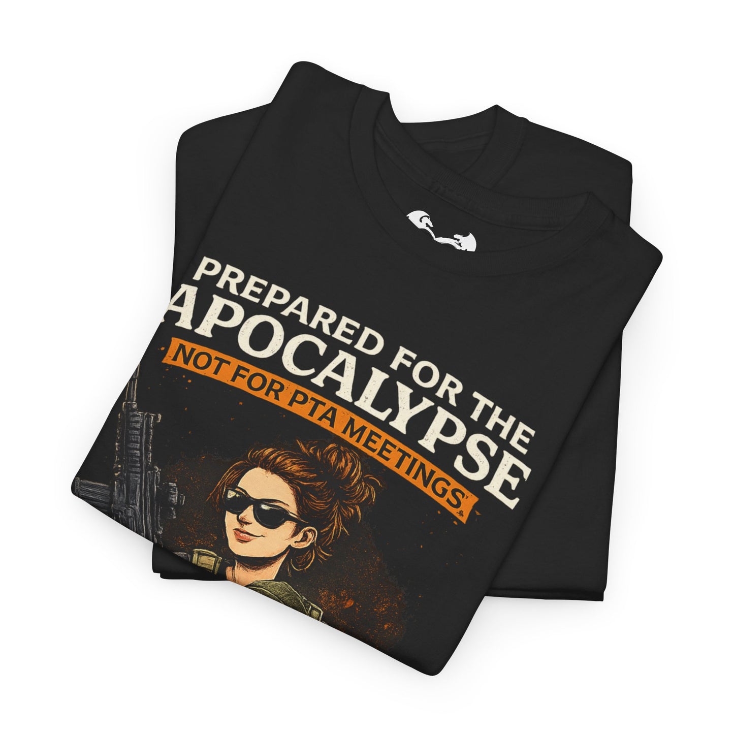 Black t-shirt with graphic design and text on a white background