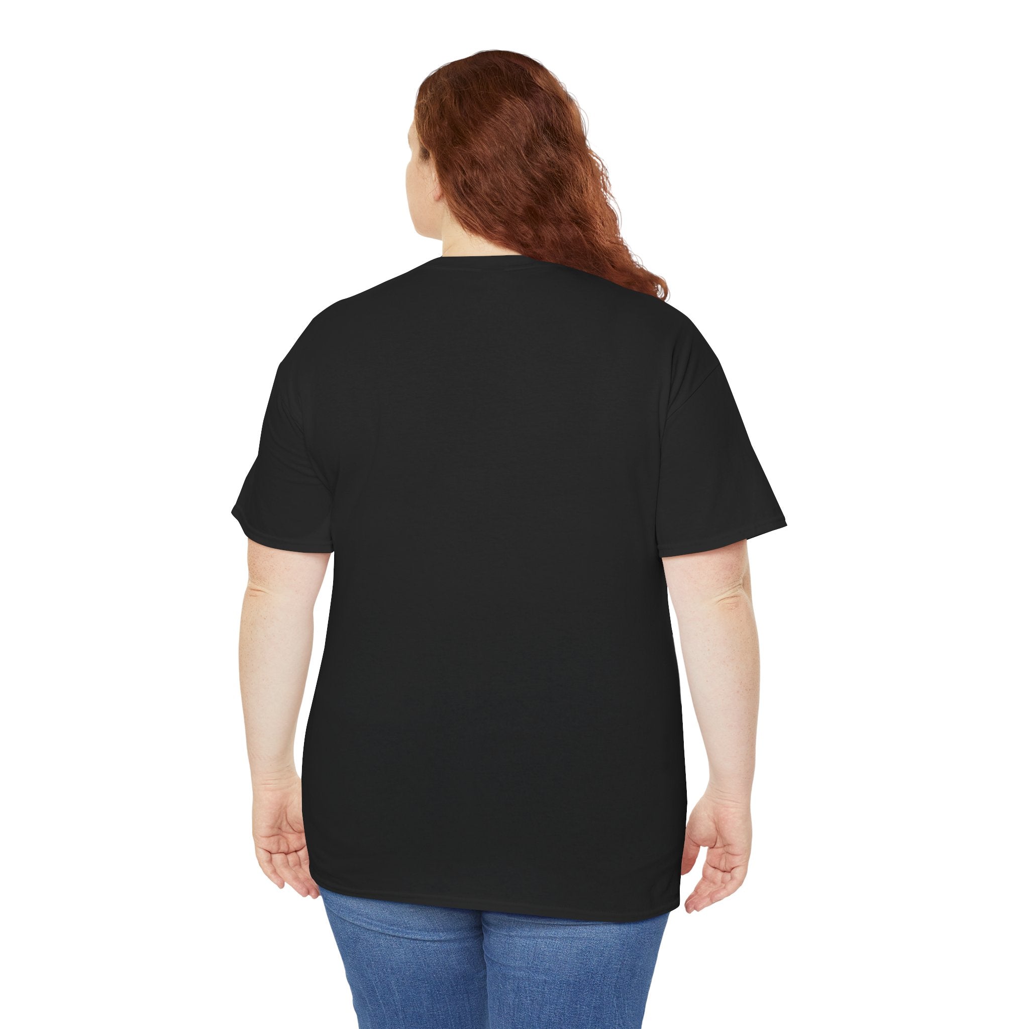 Person wearing a black t-shirt on a white background