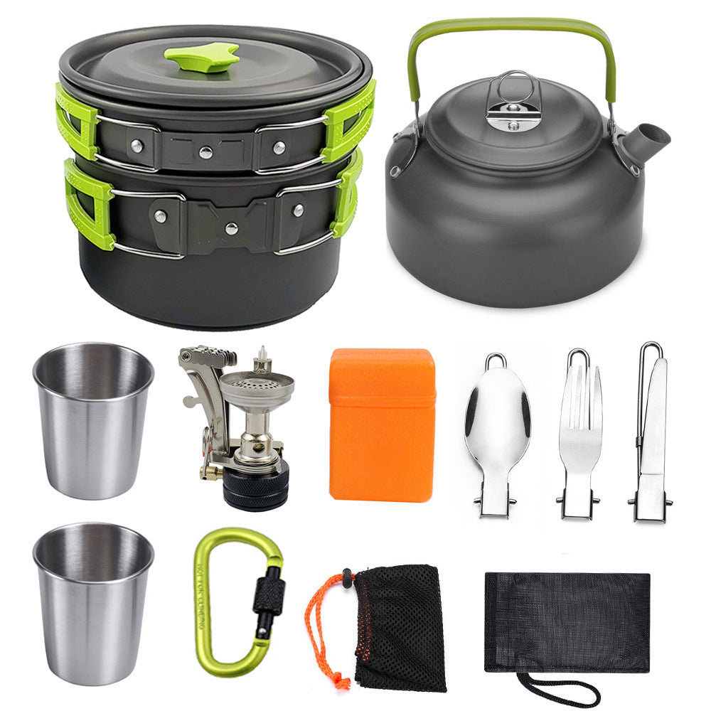Crafted from durable aluminum, these camping cookware kits offer lightweight and efficient heat distribution for outdoor cooking. Designed for ease of use and portability, they include essential pots and pans to prepare meals effortlessly while camping. 