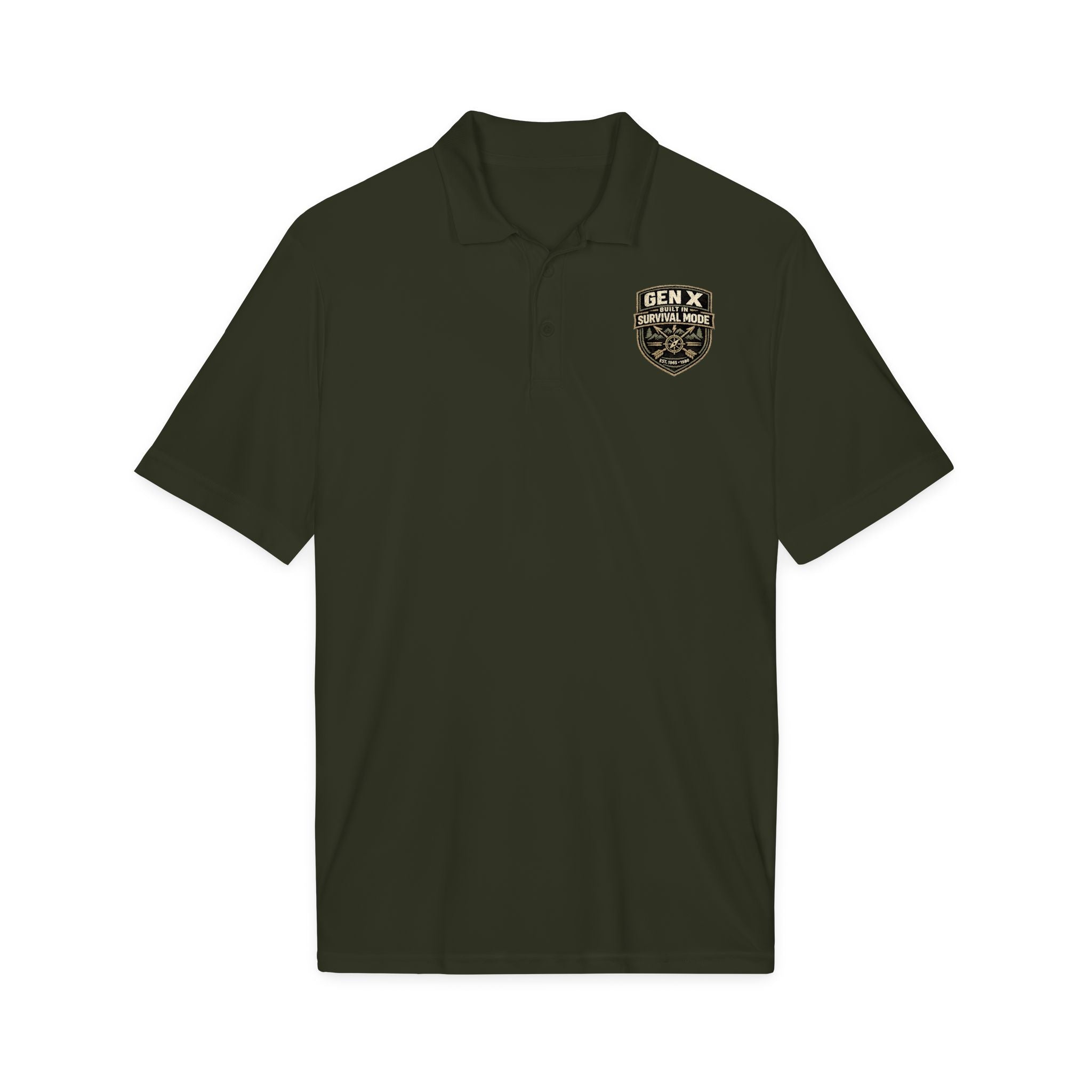 Dark gray polo shirt with a small logo on the chest against a white background