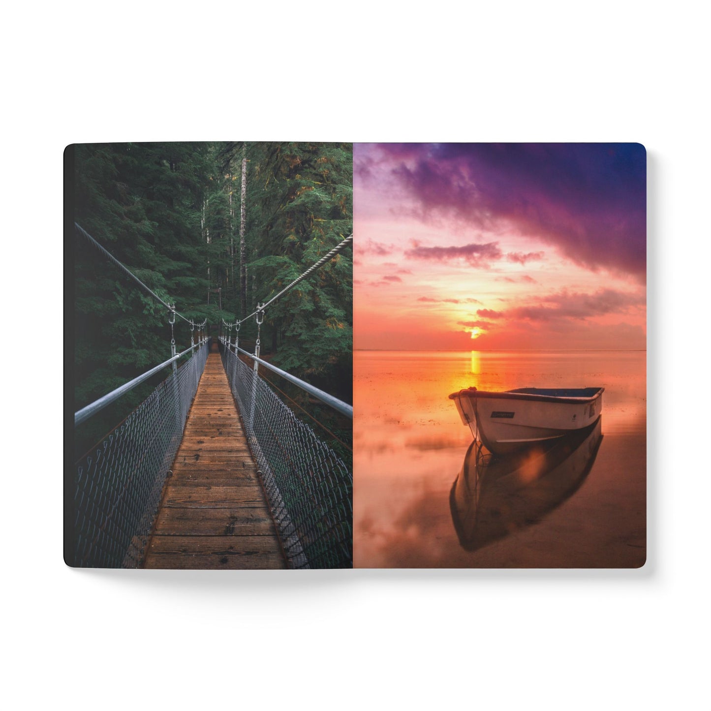 Split image of a suspension bridge and a sunset over water with a boat.