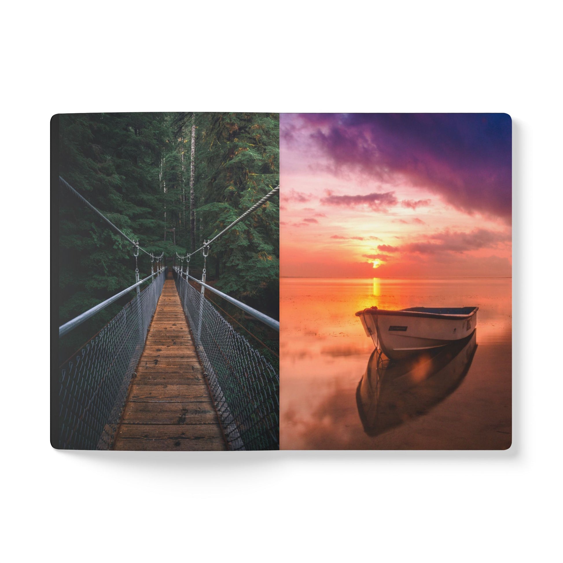 Split image of a suspension bridge and a sunset over water with a boat.