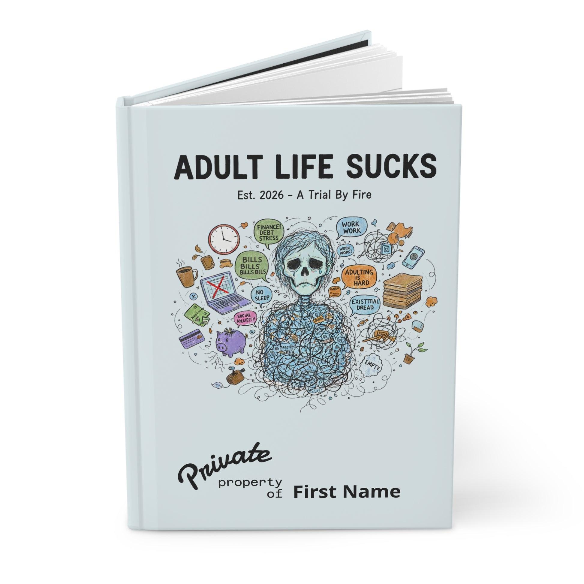 Book titled 'Adult Life Sucks' with a skull illustration and text on a white background