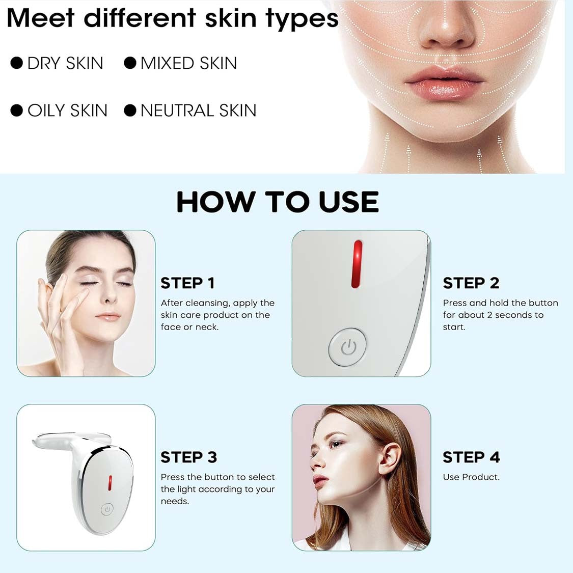 This Red Light Therapy Face Massager utilizes the power of red light therapy to improve skin tone, reduce wrinkles and fine lines, and promote collagen production. With regular use, this device can provide noticeable improvements in skin texture and appearance, leaving you with a rejuvenated and radiant complexion.