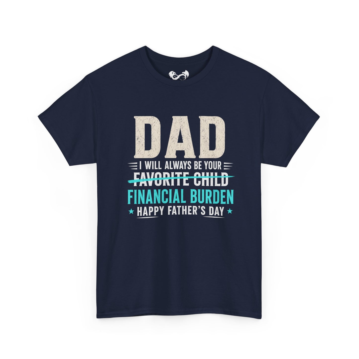 Navy blue t-shirt with humorous Father's Day text design on a white background