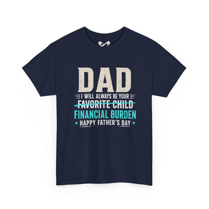 Navy blue t-shirt with humorous Father's Day text design on a white background