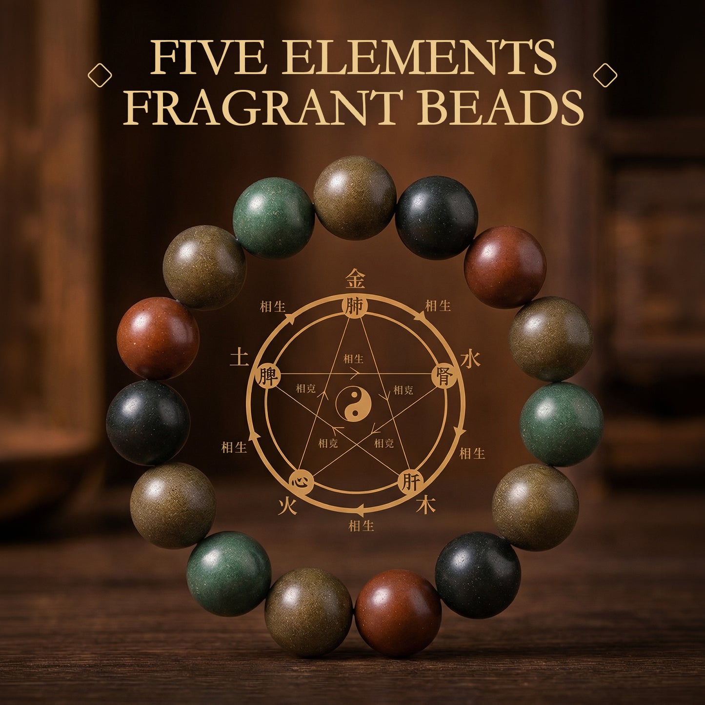 Five Elements Fragrant Beads bracelet with yin yang symbol on a wooden background