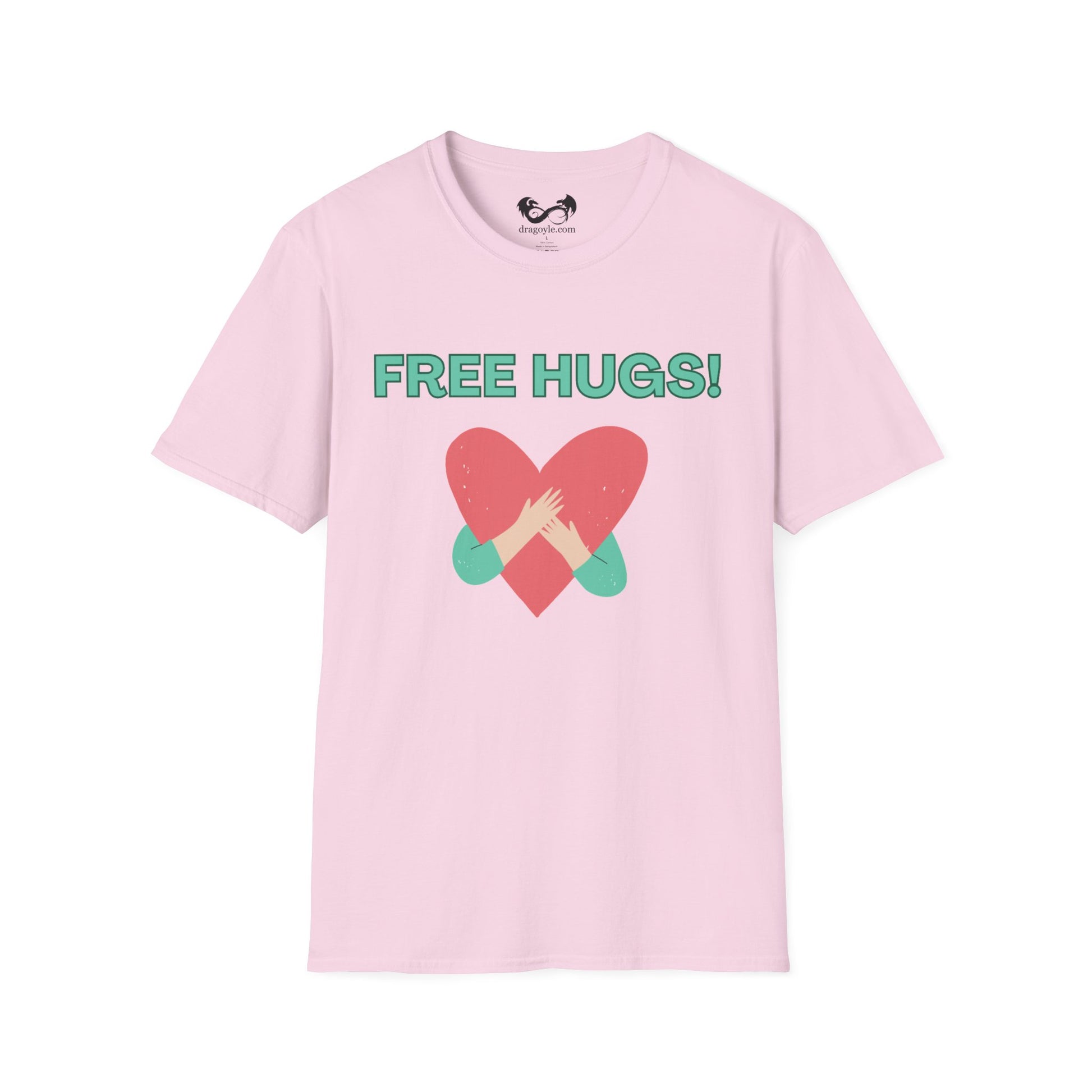 Pink t-shirt with 'FREE HUGS!' text and heart design on a white background