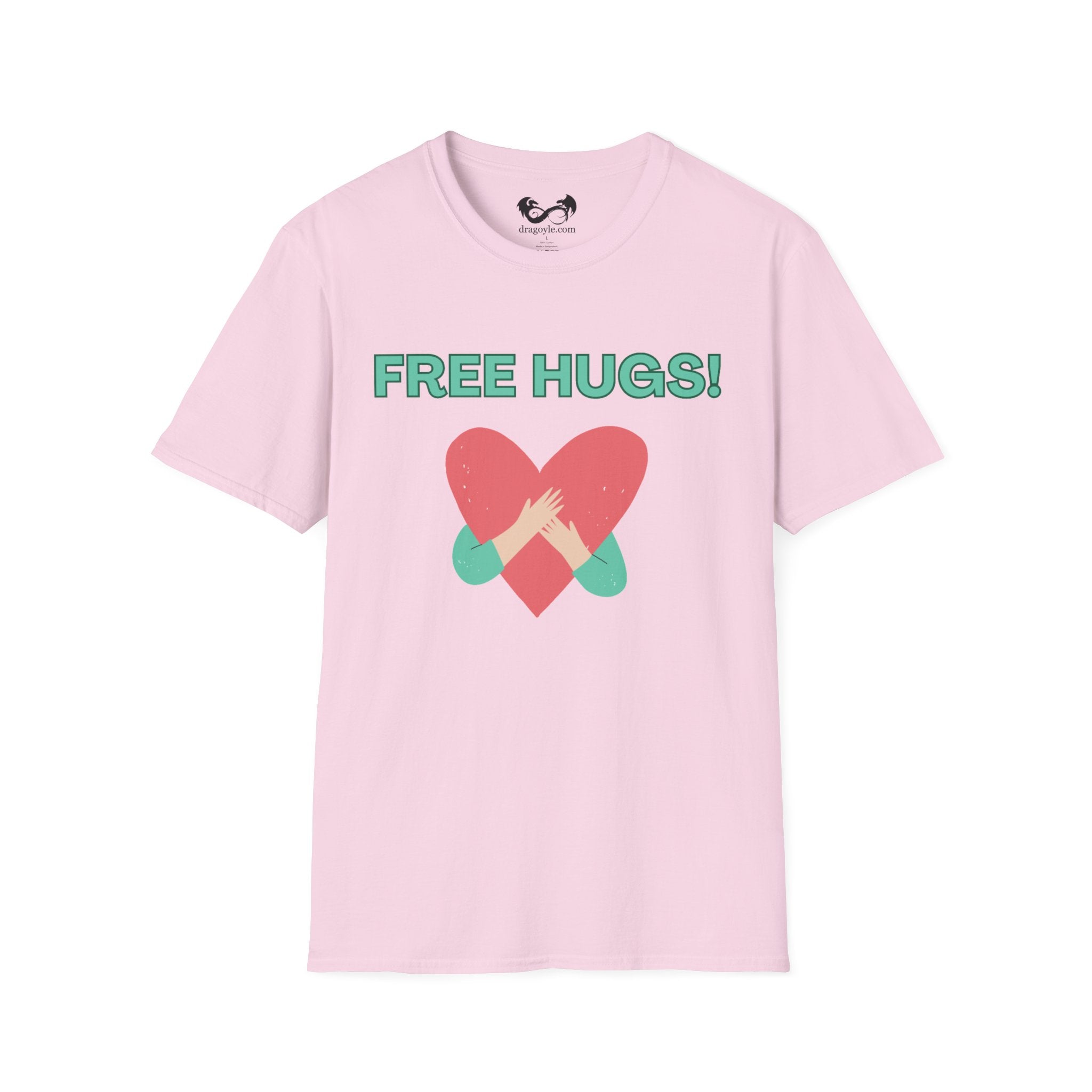 Pink t-shirt with 'FREE HUGS!' text and heart design on a white background