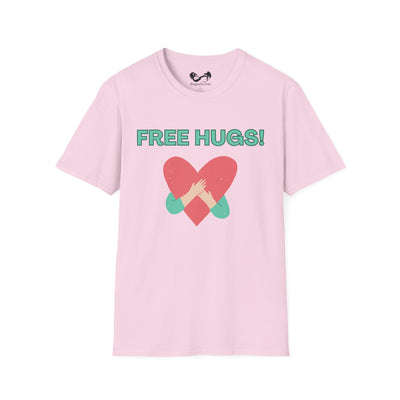 Pink t-shirt with 'FREE HUGS!' text and heart design on a white background