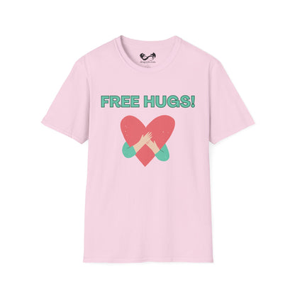 Pink t-shirt with 'FREE HUGS!' text and heart design on a white background
