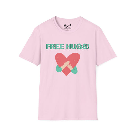 Pink t-shirt with 'FREE HUGS!' text and heart design on a white background
