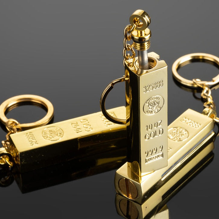 This Gold Bar Ten Thousand Strikes Lighter is perfect for avid outdoor adventurers, thanks to its reliable wind-resistant flame that can withstand up to 10,000 strikes. Its durable design features a gold-plated finish and a classic flint-wheel ignition, making it the perfect choice for reliable lighting and style. 