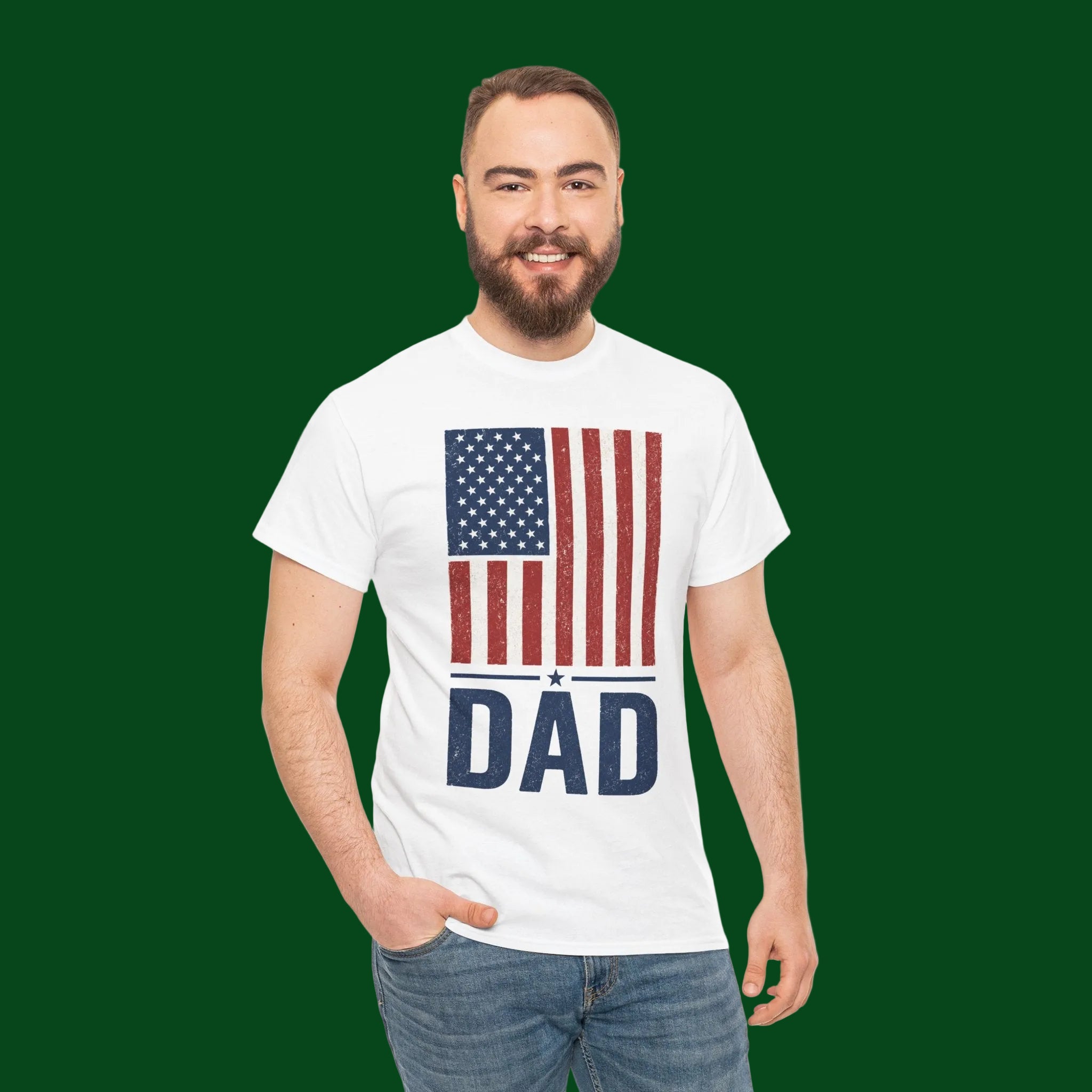 Man wearing a white t-shirt with an American flag and 'DAD' text on a white background