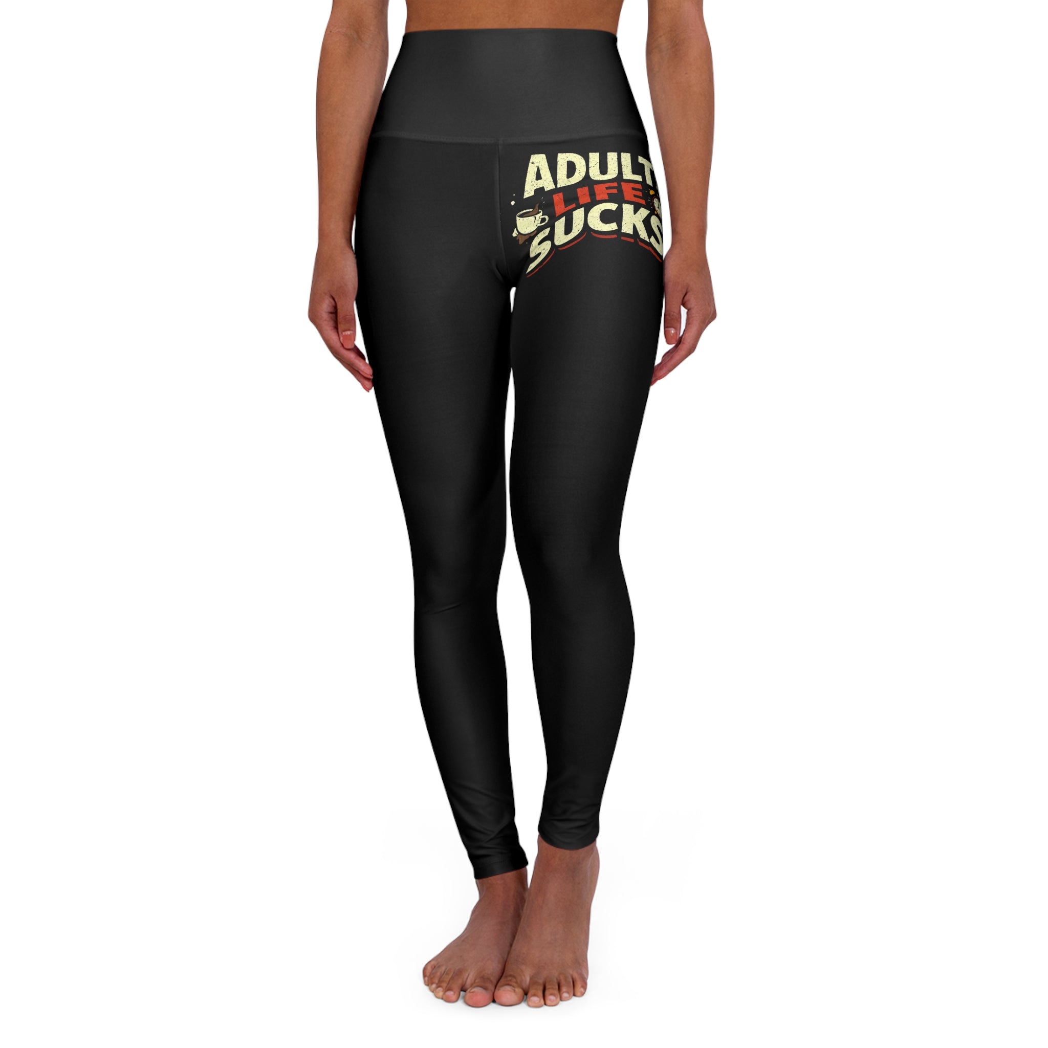 Black leggings with text design on a white background