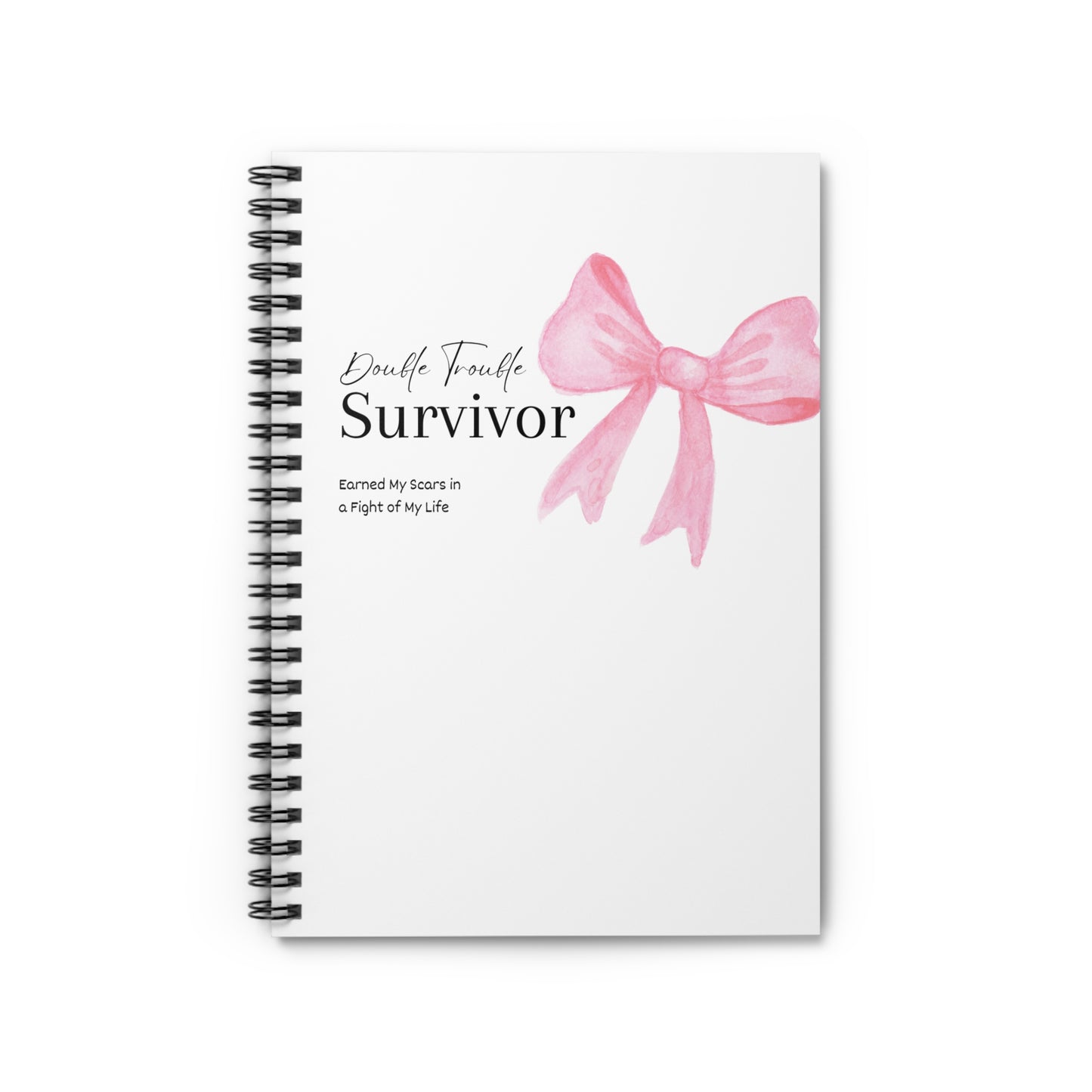 Notebook with a pink bow design and text on a white background