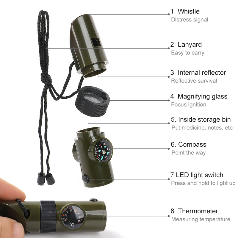 This 7-in-1 Survival Whistle is an essential accessory for any outdoor enthusiast. Featuring a thermometer, compass, flint, signal mirror, and other emergency supplies, this whistle is designed to give you the edge in any situation.