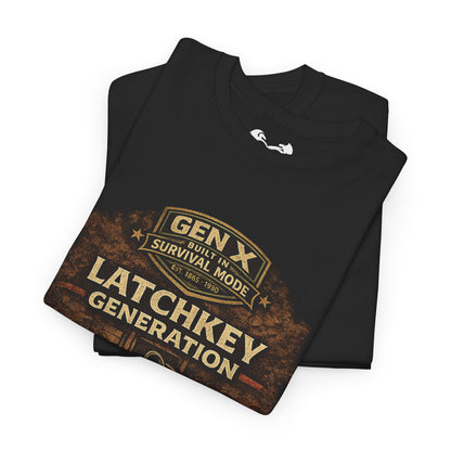 Black t-shirt with 'Gen X Survival Mode Latchkey Generation' design on a white background