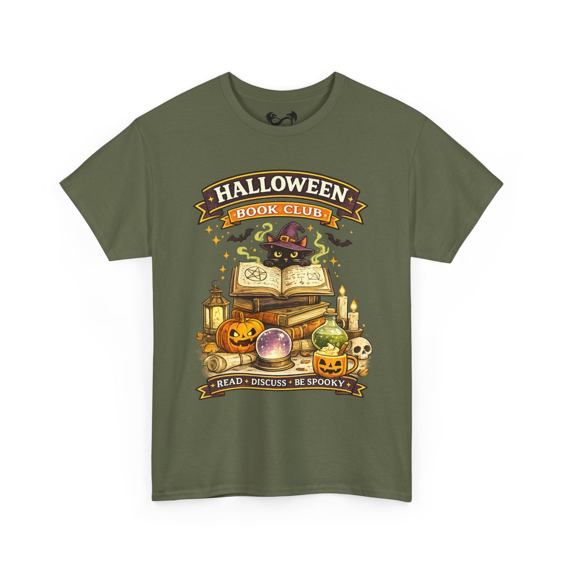 An olive green short-sleeve t-shirt with a colorful graphic on the front that reads 'HALLOWEEN BOOK CLUB' and features illustrations of a witch cat, an open book, pumpkins, candles, and skulls.