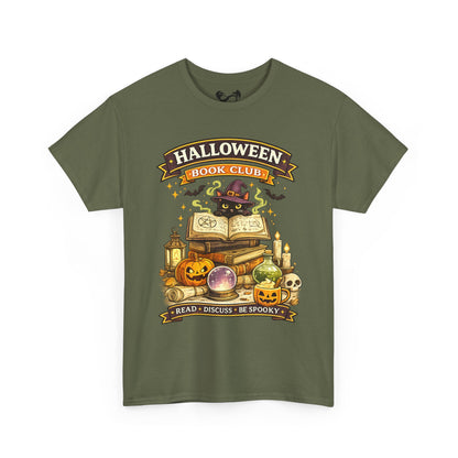 An olive green short-sleeve t-shirt with a colorful graphic on the front that reads 'HALLOWEEN BOOK CLUB' and features illustrations of a witch cat, an open book, pumpkins, candles, and skulls.
