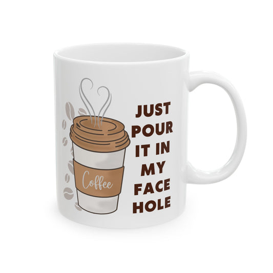 White mug with a coffee cup graphic and text on a white background