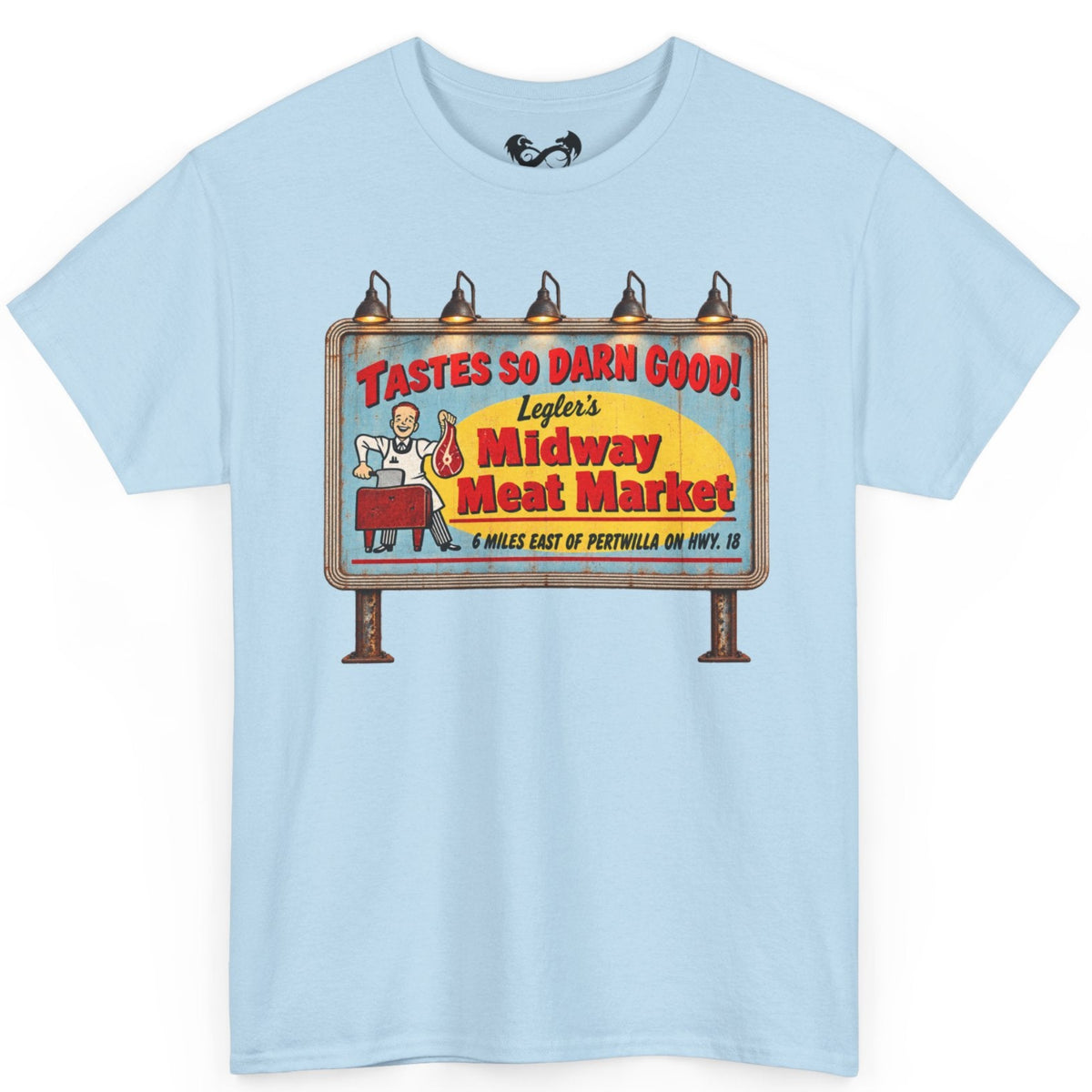 Bring a little vintage roadside horror to your wardrobe with this Jeepers Creepers-inspired Midway Meat Market T-shirt. Featuring the unmistakable retro roadside billboard design, distressed colors, bold red lettering, and classic old-school butcher-shop artwork, this shirt has the perfect mix of creepy, nostalgic, and Americana charm.
