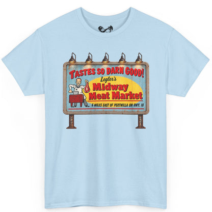 Bring a little vintage roadside horror to your wardrobe with this Jeepers Creepers-inspired Midway Meat Market T-shirt. Featuring the unmistakable retro roadside billboard design, distressed colors, bold red lettering, and classic old-school butcher-shop artwork, this shirt has the perfect mix of creepy, nostalgic, and Americana charm.