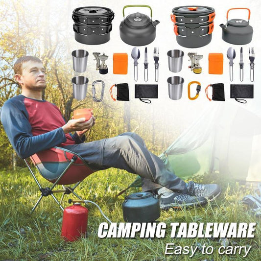 Crafted from durable aluminum, these camping cookware kits offer lightweight and efficient heat distribution for outdoor cooking. Designed for ease of use and portability, they include essential pots and pans to prepare meals effortlessly while camping. 