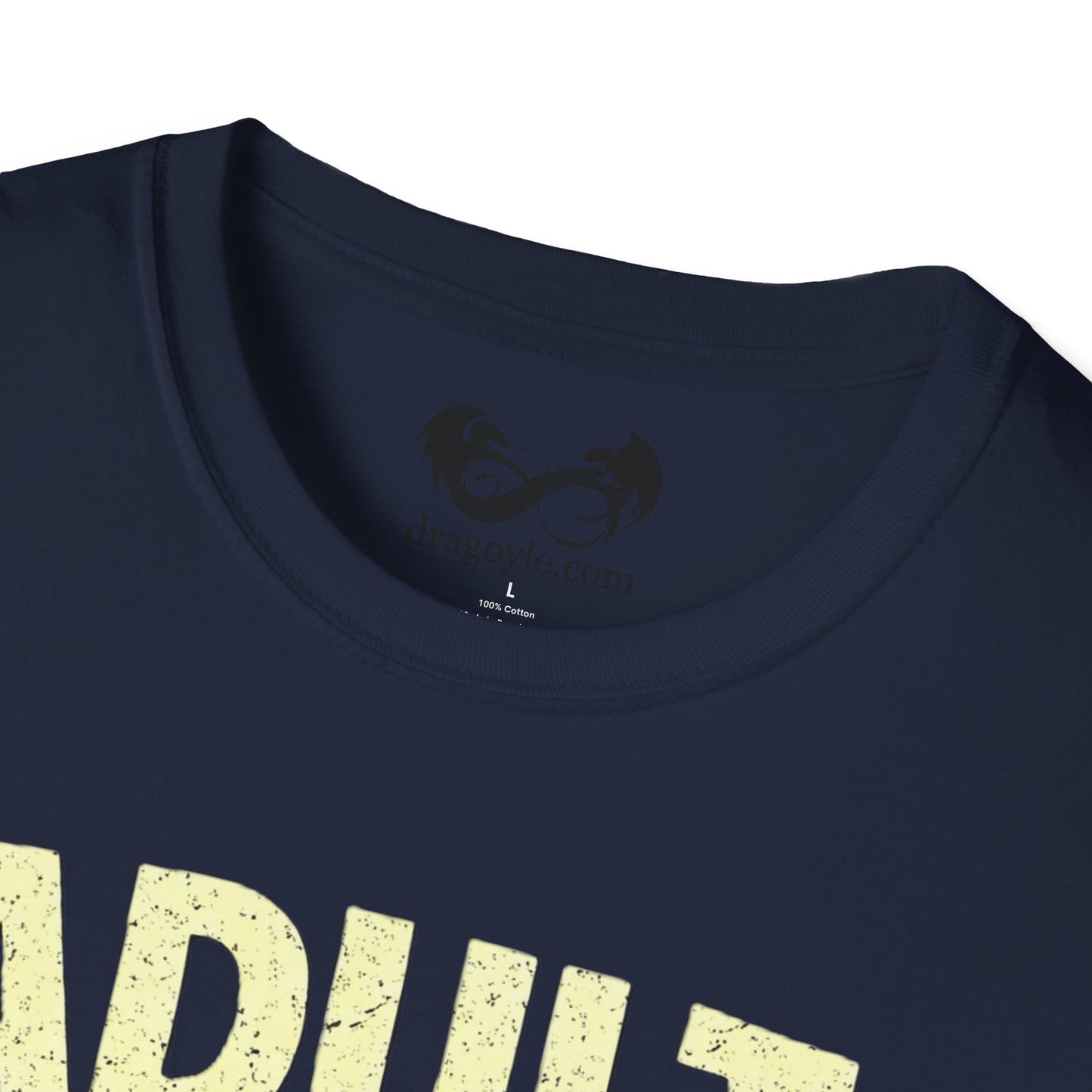 Navy blue t-shirt with yellow text and a brand logo on a white background