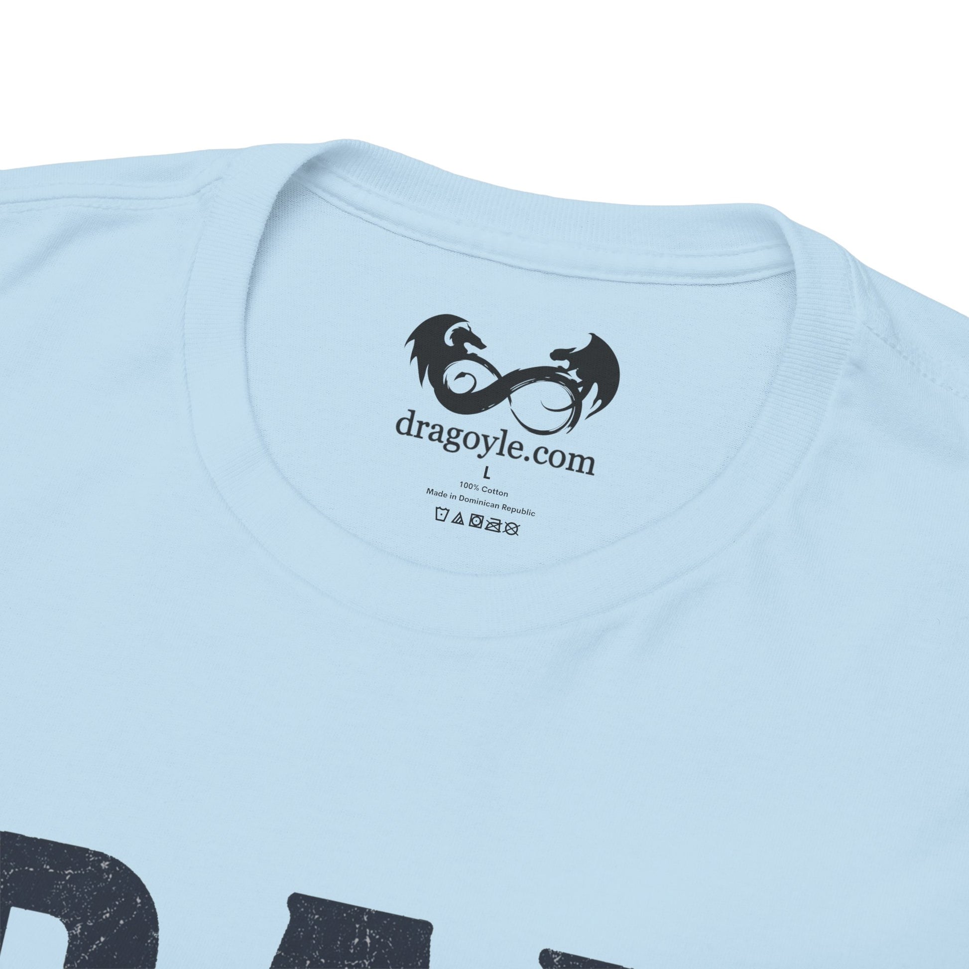 Light blue t-shirt with a black Dragoyle.com logo and text on a white background