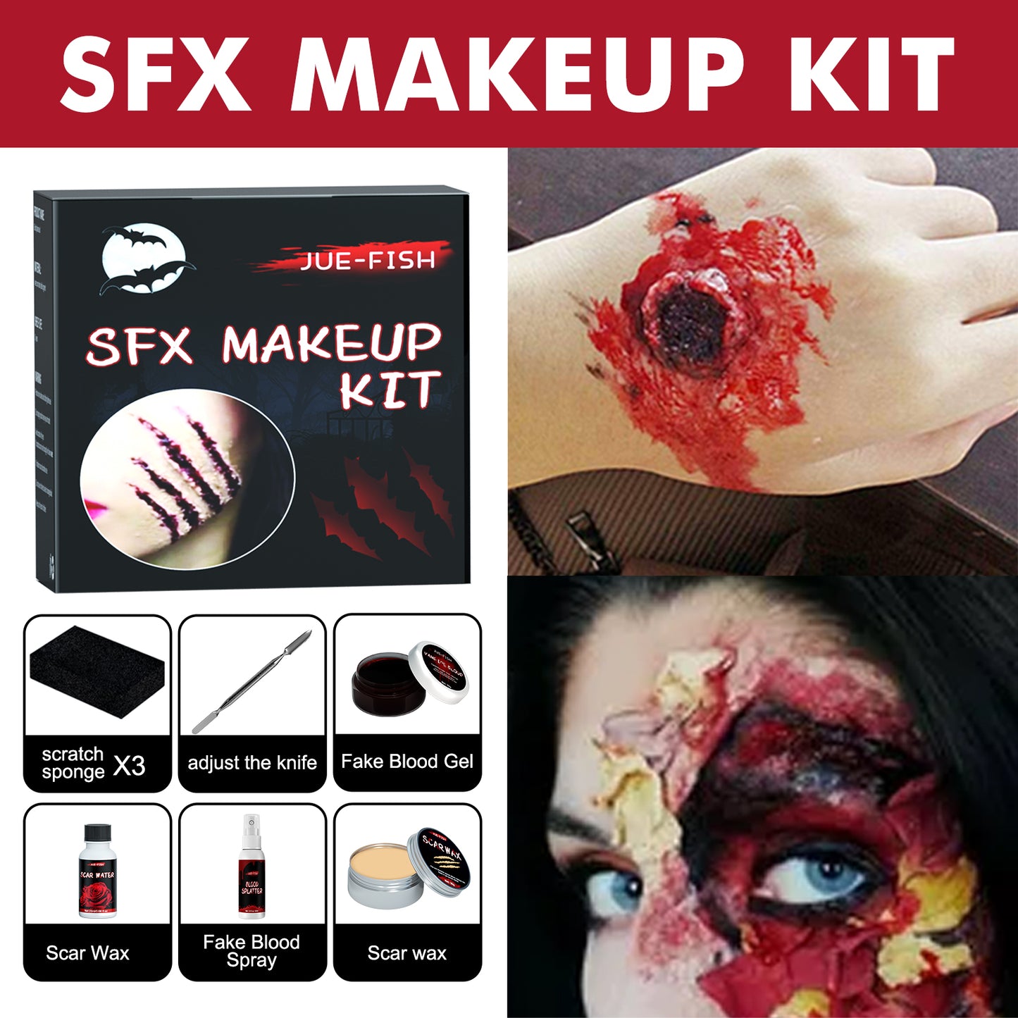 Unleash your daring side this Halloween with our SFX Halloween Wound Makeup Kit. Designed to create realistic wounds and injuries, this kit is perfect for adding spine-chilling detail to your costume. Easy to apply and blend, it lets you craft everything from fresh cuts to deep gashes, enhancing your look with professional-grade effects. Make your Halloween unforgettable with wounds that thrill and impress.