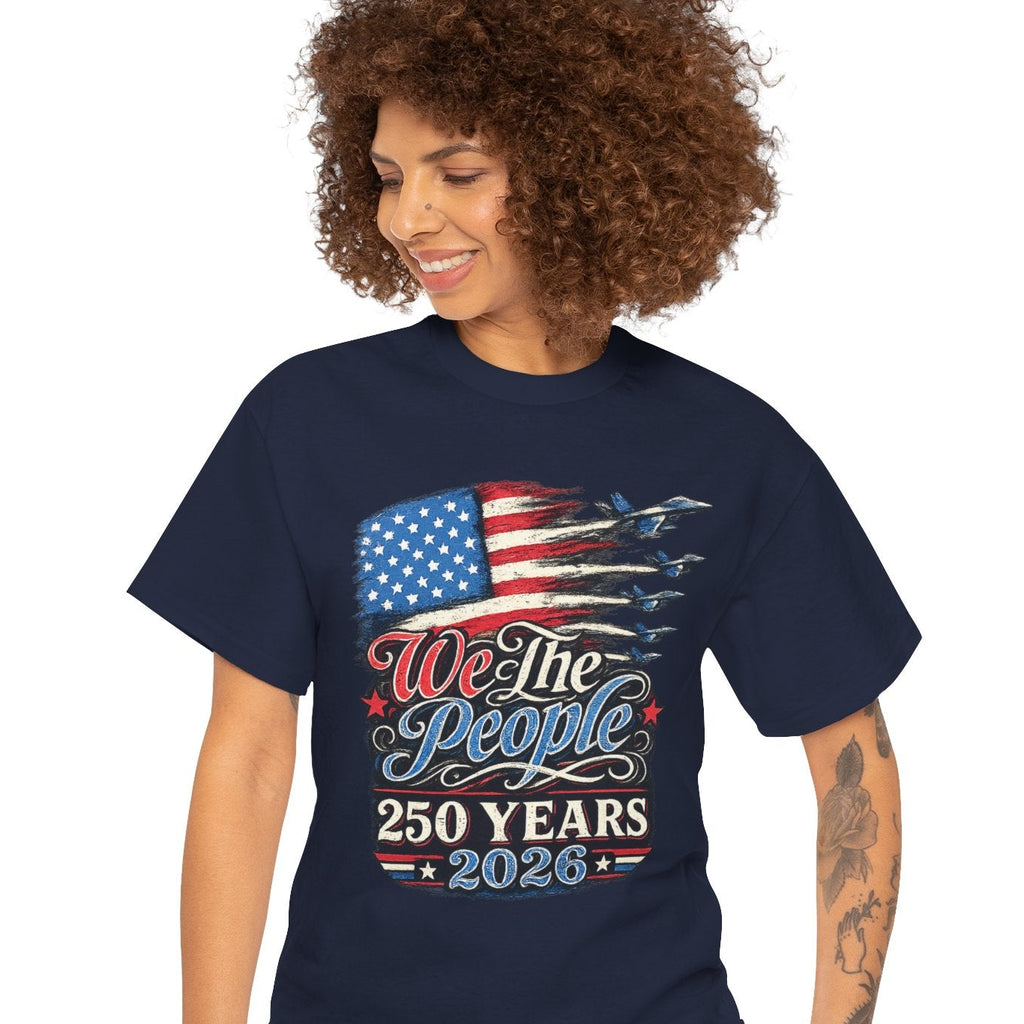 Woman wearing a navy blue t-shirt with an American flag design and text on a white background