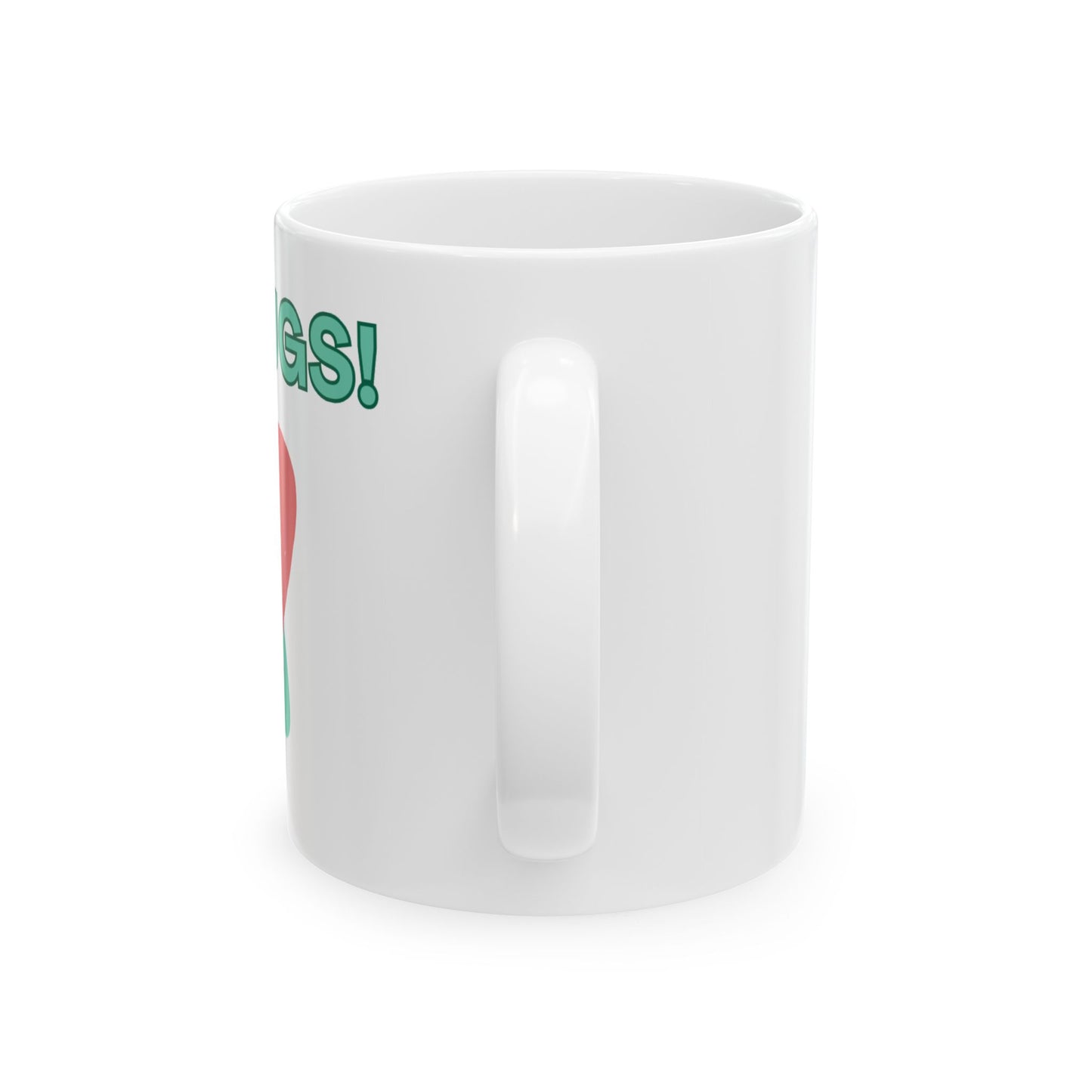 White mug with colorful text and graphics on a white background