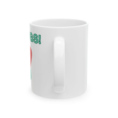 White mug with colorful text and graphics on a white background