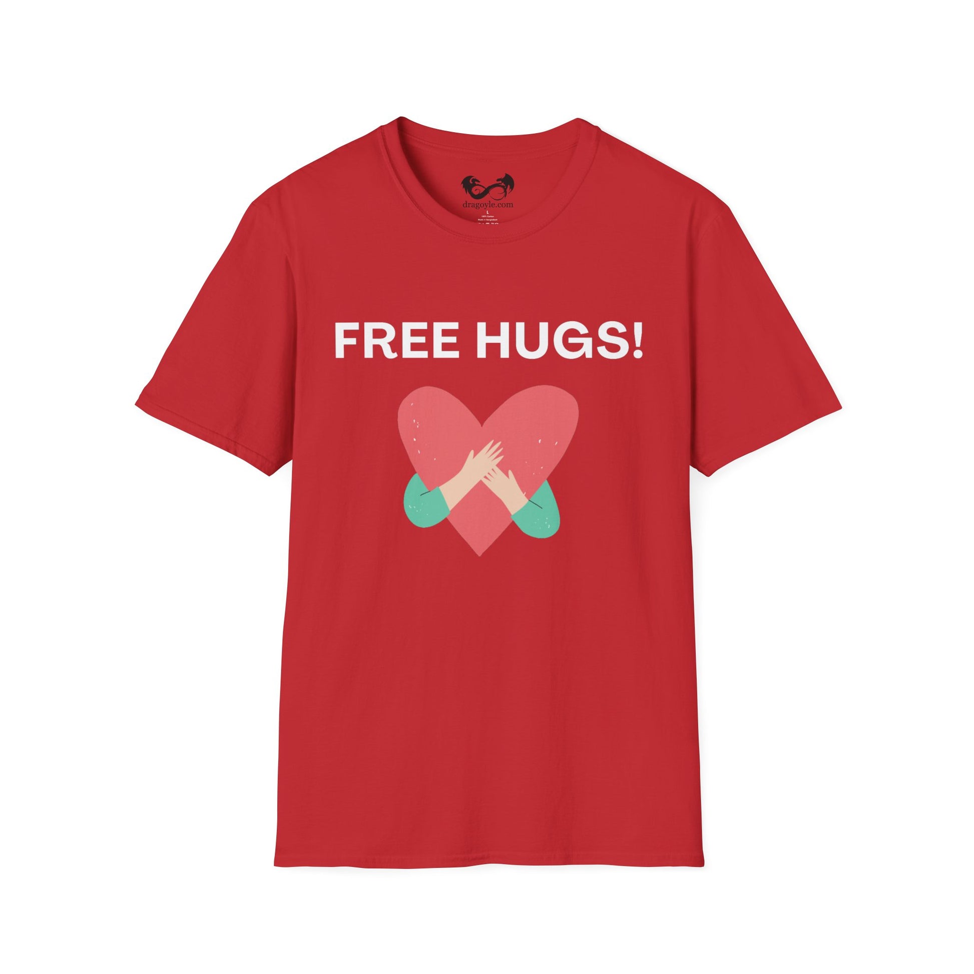 Red t-shirt with 'FREE HUGS!' text and heart design on a white background
