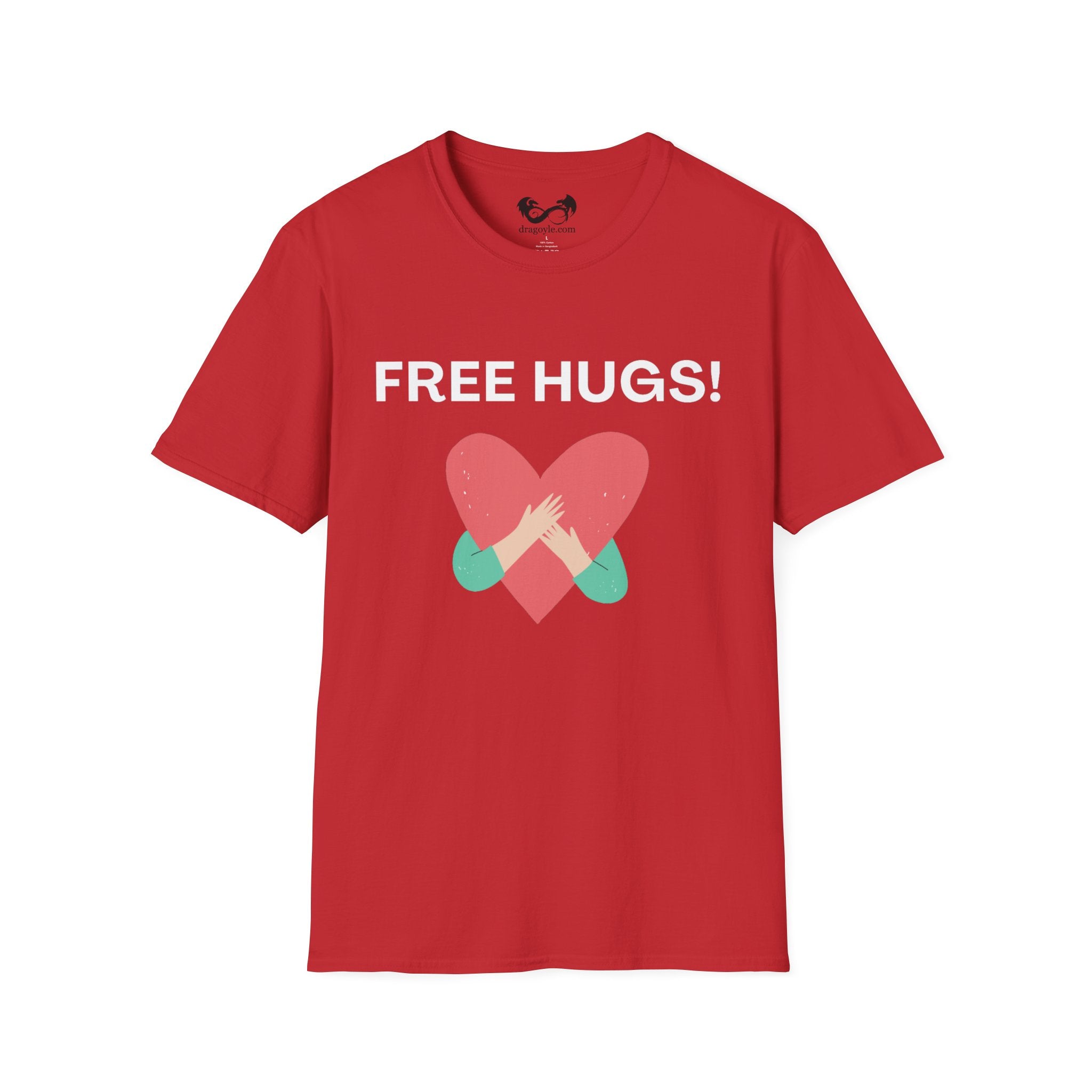 Red t-shirt with 'FREE HUGS!' text and heart design on a white background