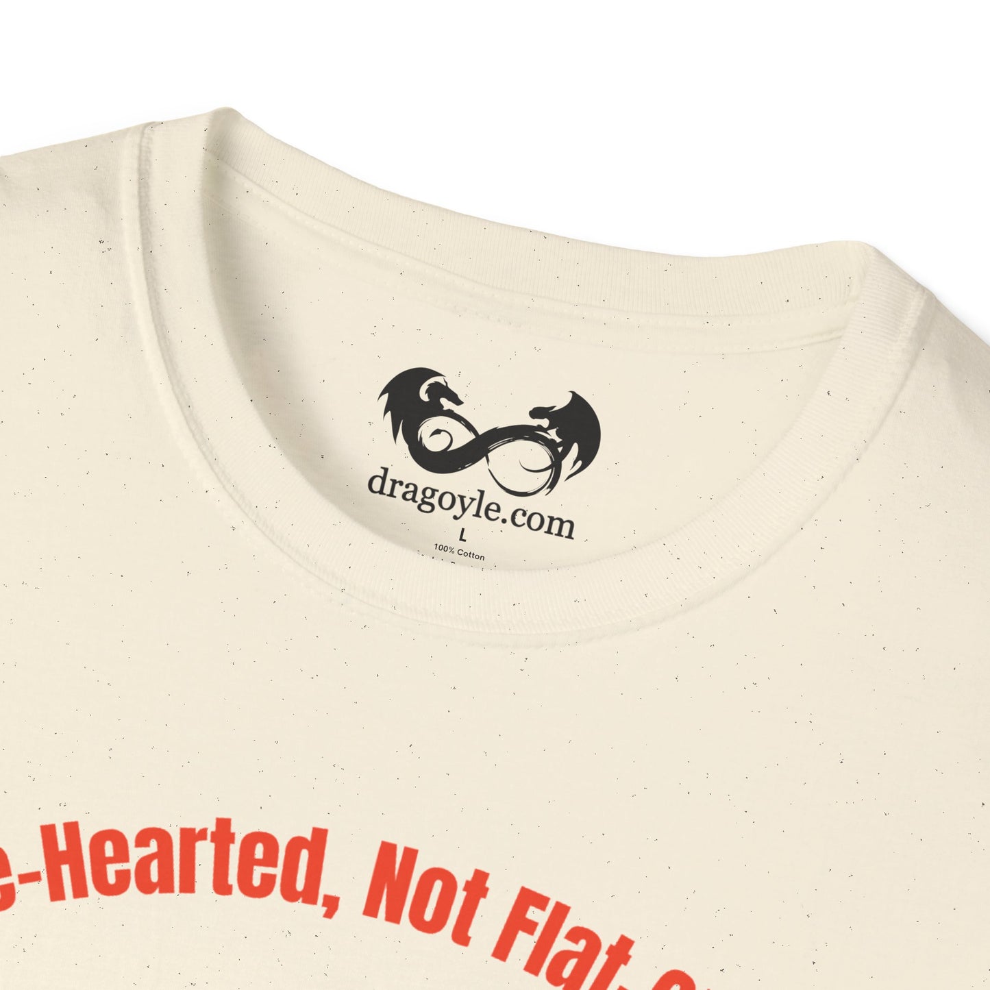 Beige t-shirt with red text and a black logo on a white background