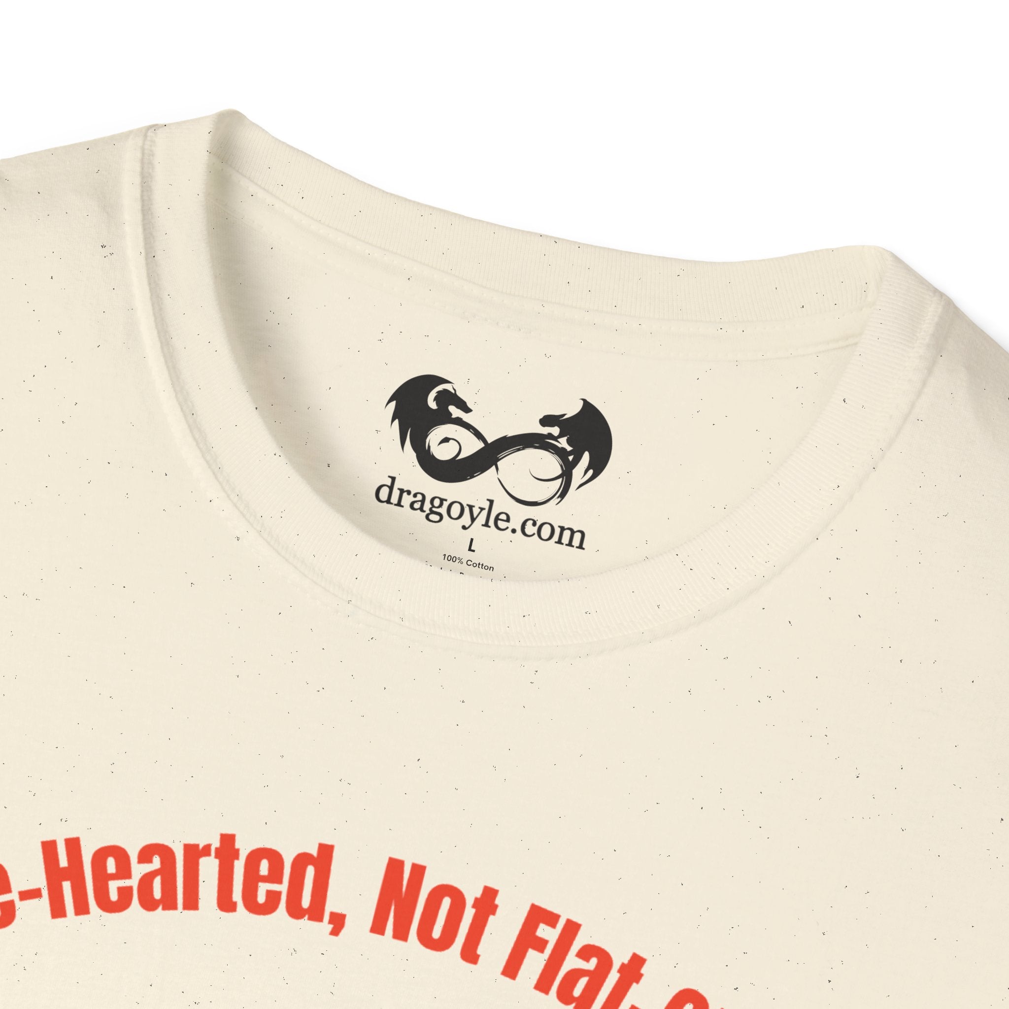 Beige t-shirt with red text and a black logo on a white background