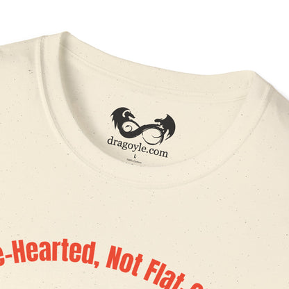 Beige t-shirt with red text and a black logo on a white background