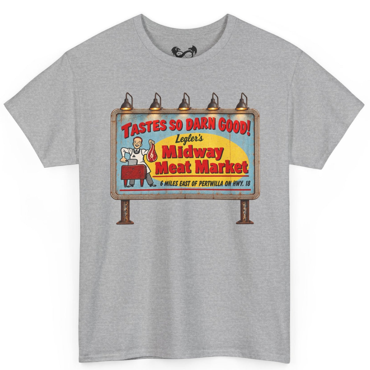 Bring a little vintage roadside horror to your wardrobe with this Jeepers Creepers-inspired Midway Meat Market T-shirt. Featuring the unmistakable retro roadside billboard design, distressed colors, bold red lettering, and classic old-school butcher-shop artwork, this shirt has the perfect mix of creepy, nostalgic, and Americana charm.