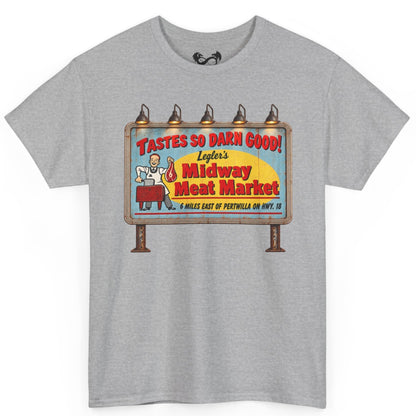 Bring a little vintage roadside horror to your wardrobe with this Jeepers Creepers-inspired Midway Meat Market T-shirt. Featuring the unmistakable retro roadside billboard design, distressed colors, bold red lettering, and classic old-school butcher-shop artwork, this shirt has the perfect mix of creepy, nostalgic, and Americana charm.