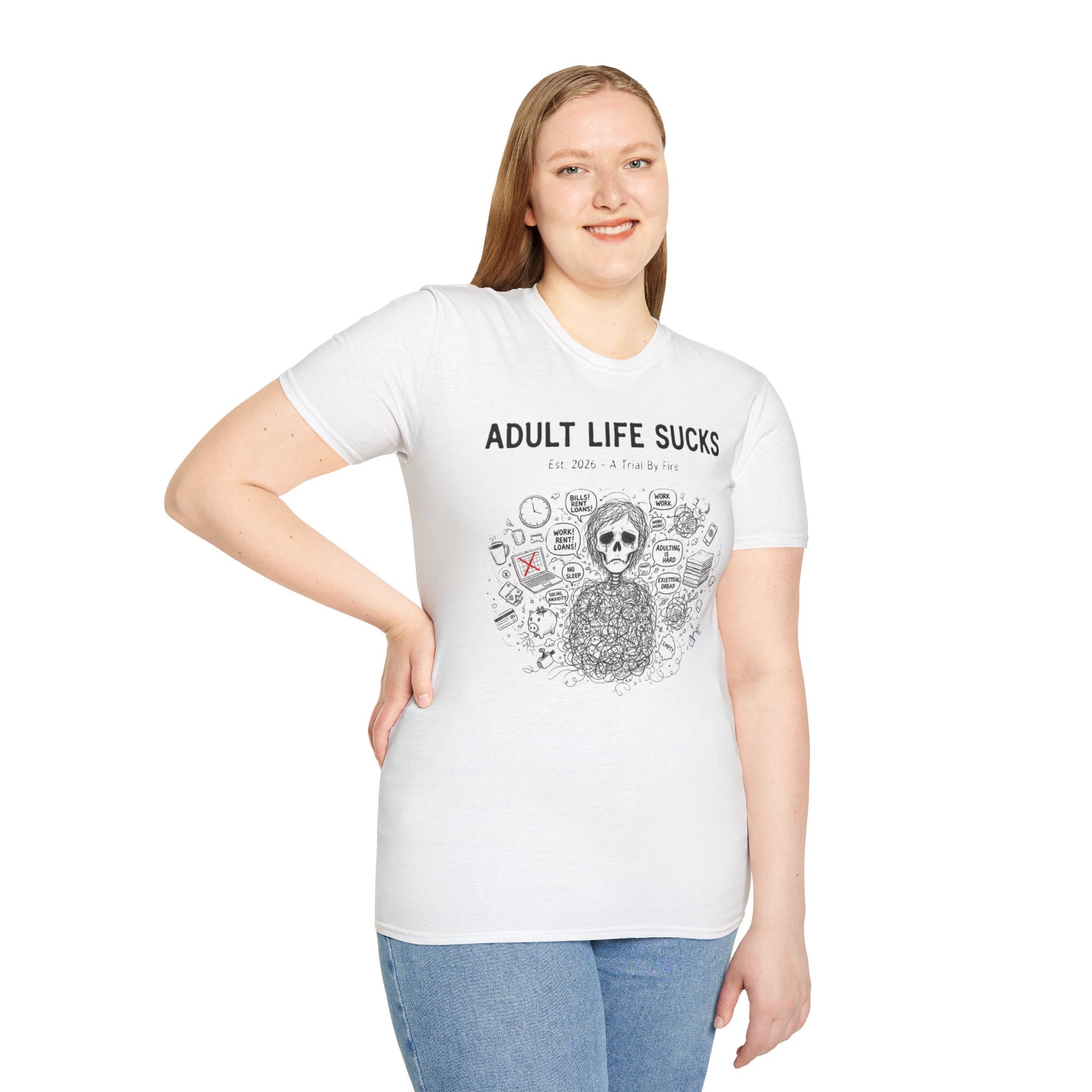 Person wearing a white t-shirt with 'Adult Life Sucks' graphic design on a white background