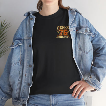 Person wearing a black t-shirt with 'GEN-X 76 BITE ME' text and a denim jacket.