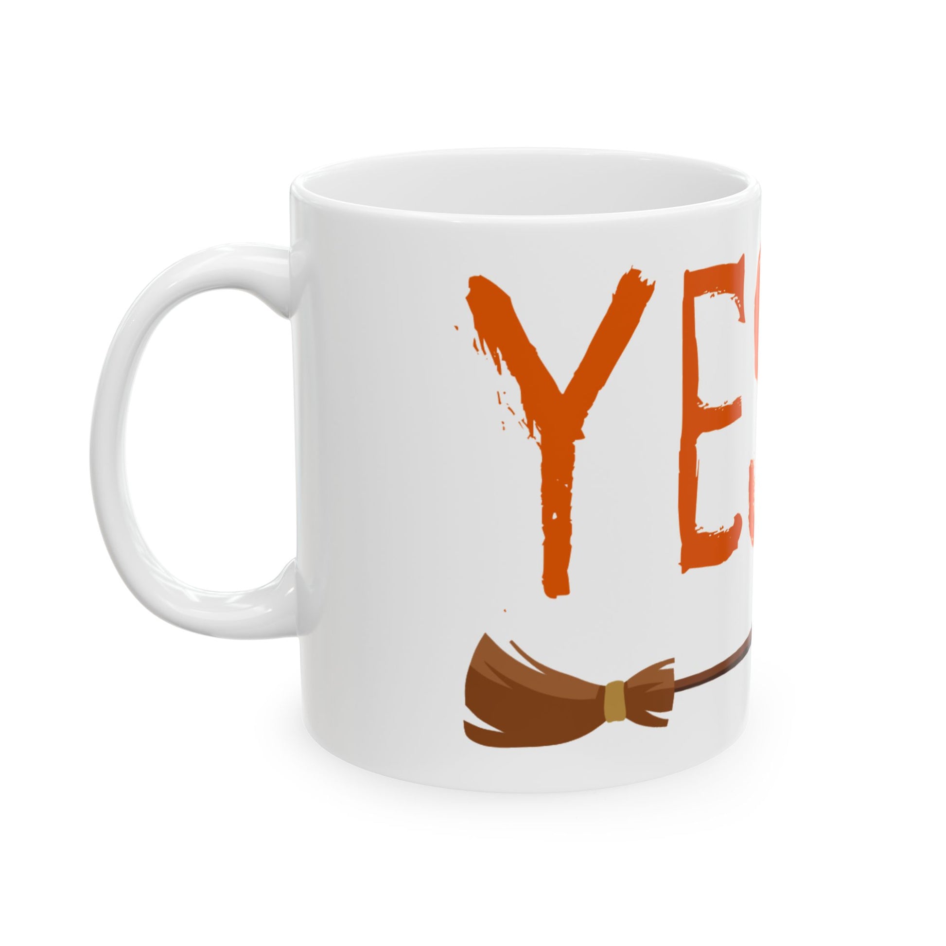 White mug with orange text and broom design on a white background