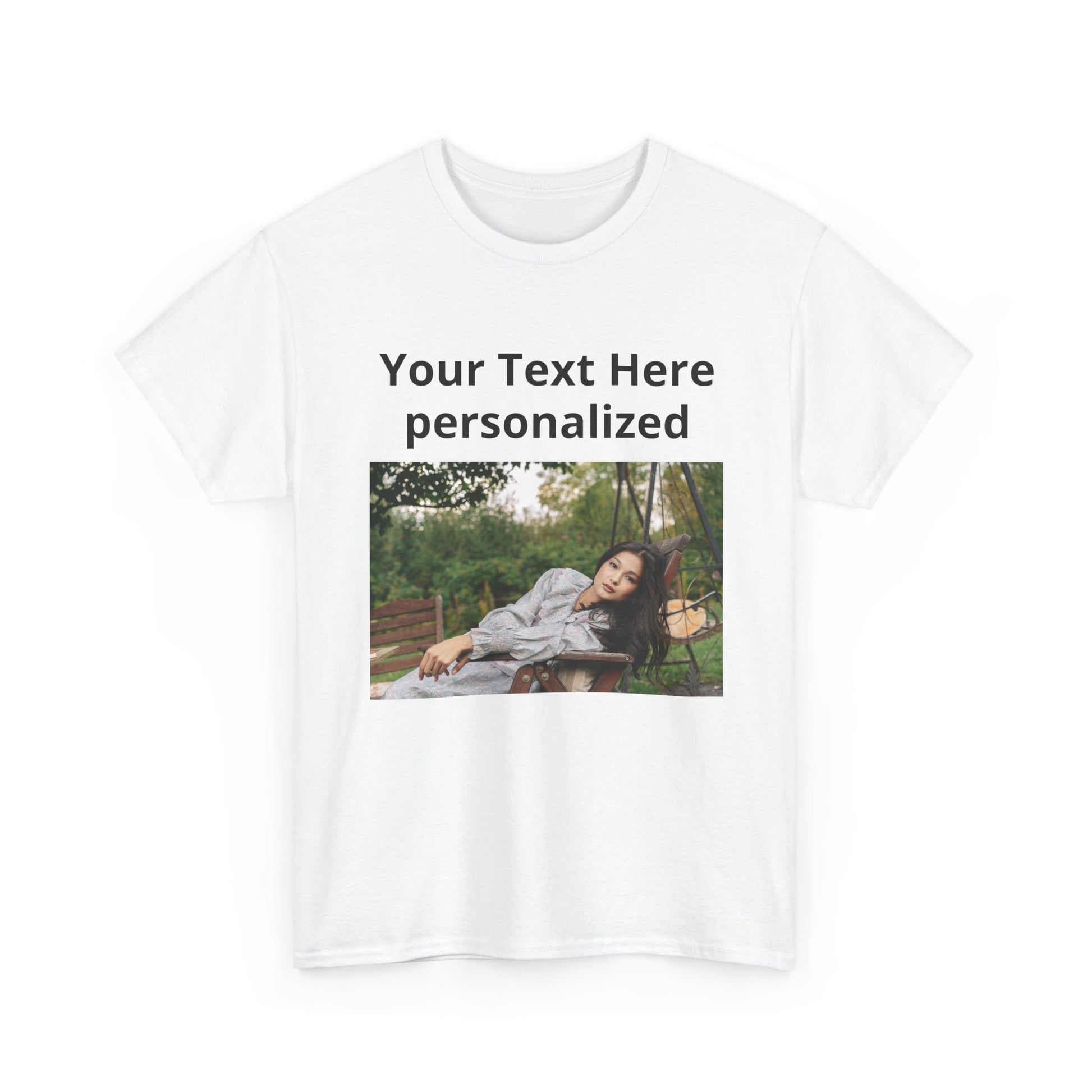 White t-shirt with a photo of a woman lying on a blanket and text 'Your Text Here personalized' on a white background.