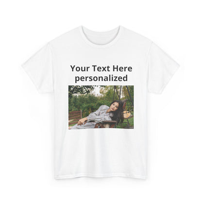White t-shirt with a photo of a woman lying on a blanket and text 'Your Text Here personalized' on a white background.