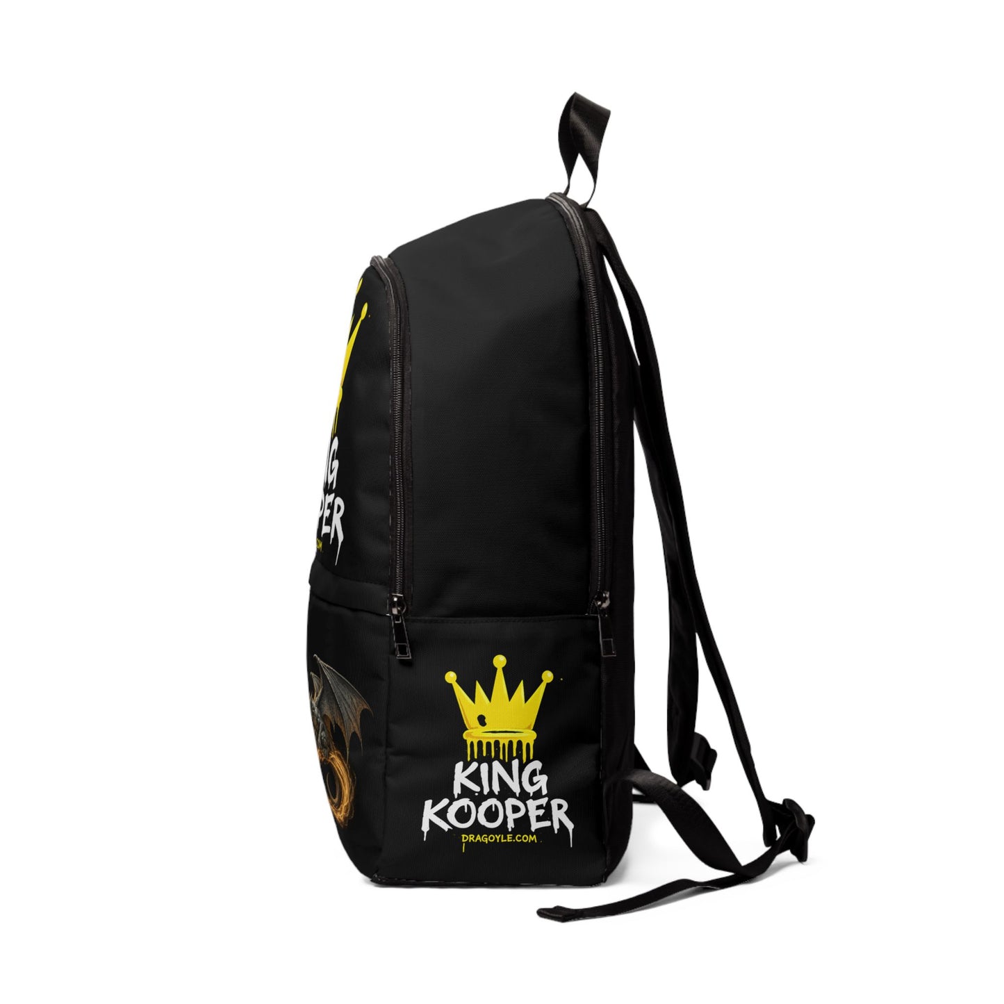 A black backpack with yellow and white graphics, featuring a crown logo and the text 'KING KOOPER' on the front pocket, shown against a plain white background.