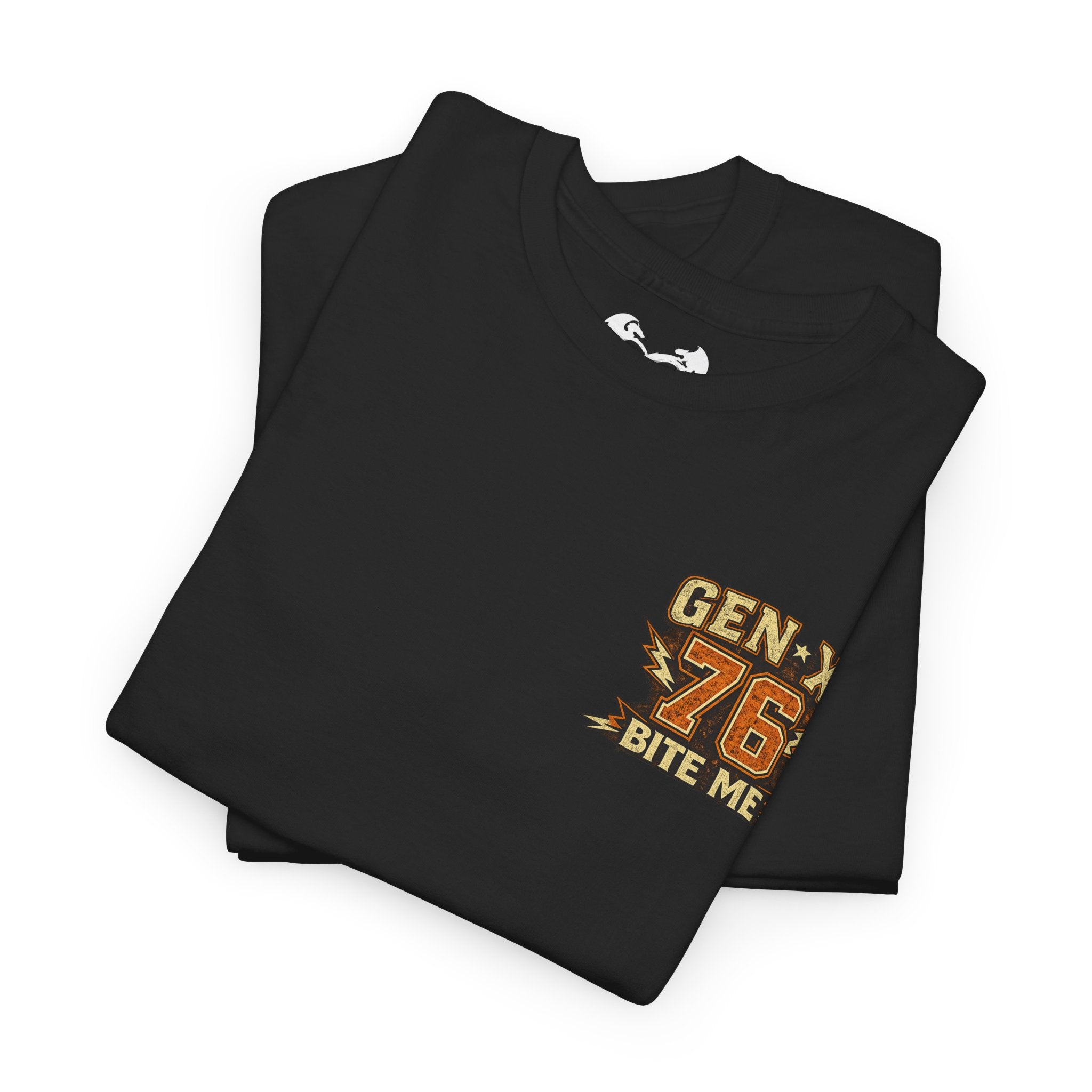 Folded brown t-shirt with a circular logo on a white background