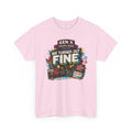 Pink t-shirt with colorful graphic design on a white background