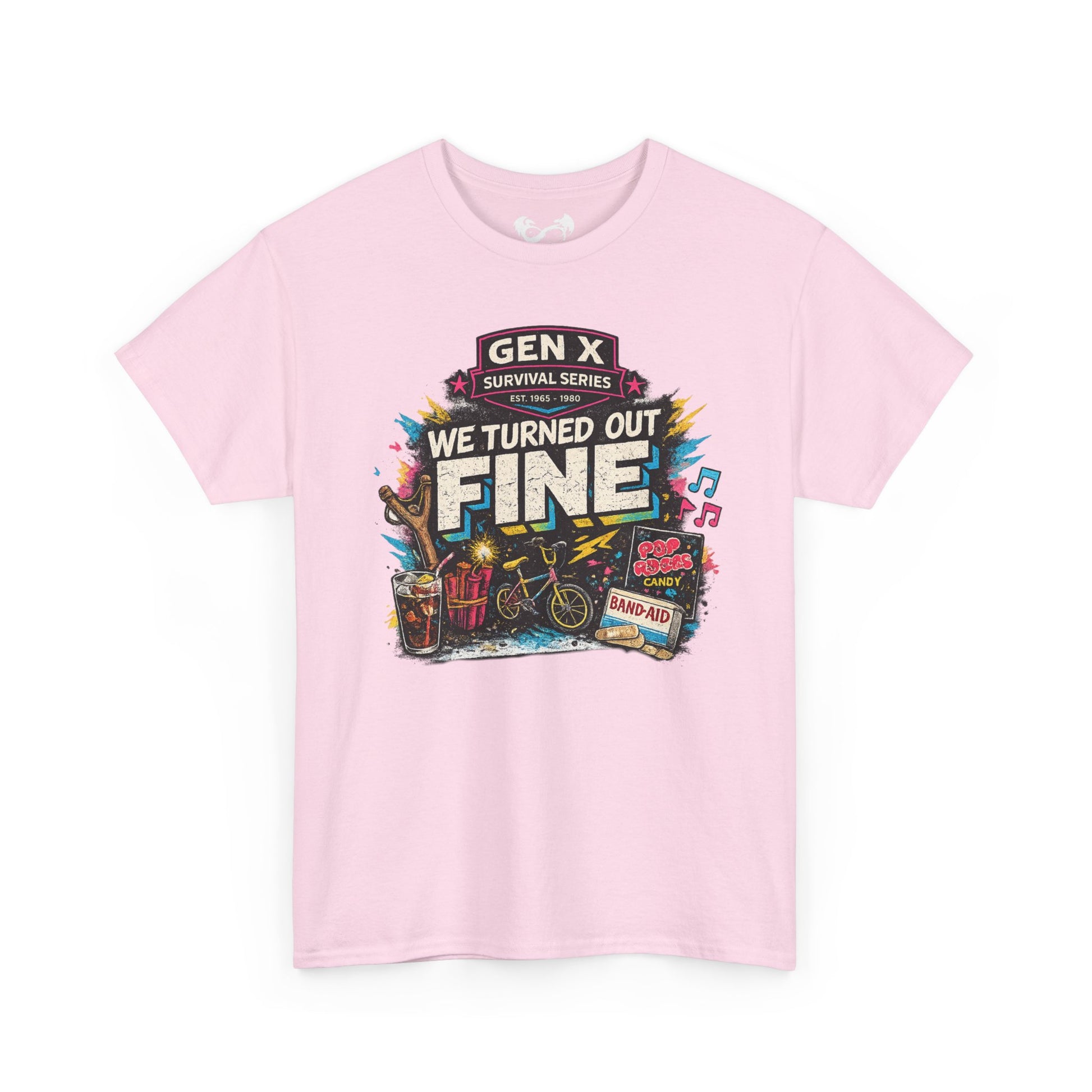 Pink t-shirt with colorful graphic design on a white background